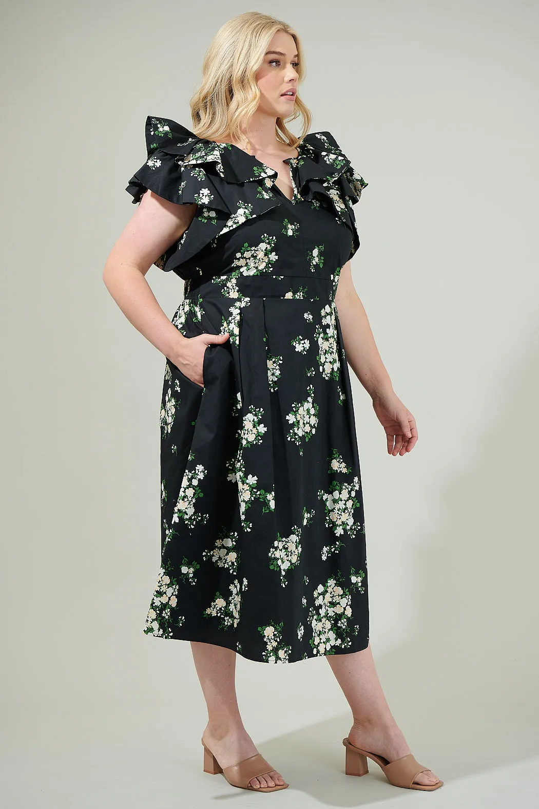 Emery Floral Santana Tie Back Midi Dress Curve