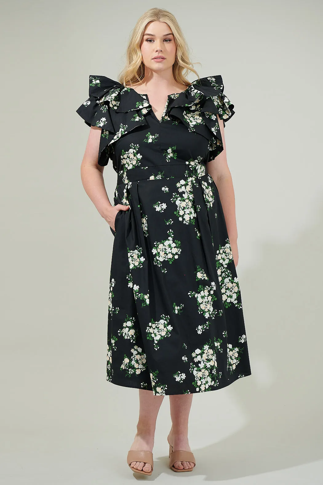 Emery Floral Santana Tie Back Midi Dress Curve