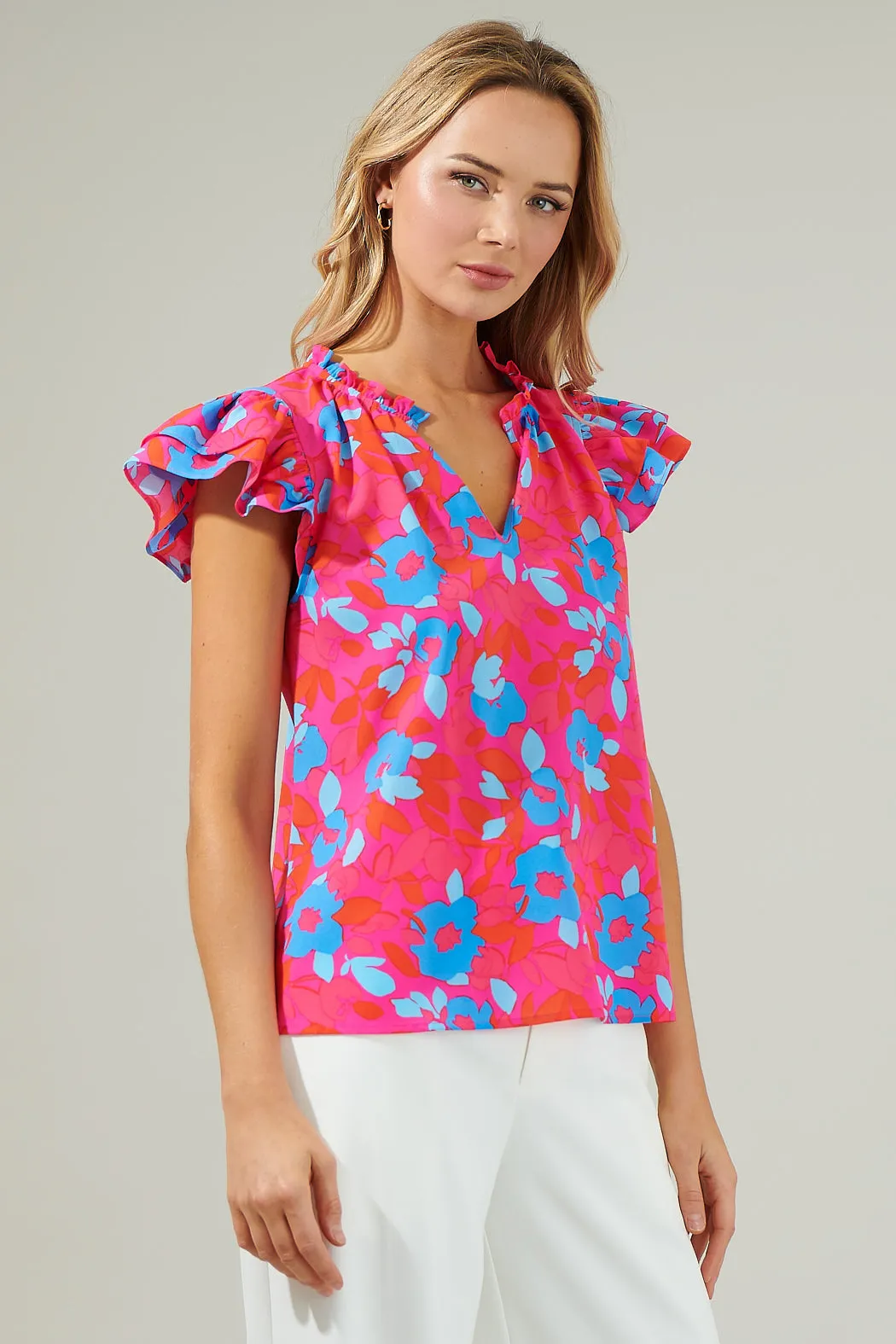 Lusma Floral Bellissima Ruffle Sleeve Top