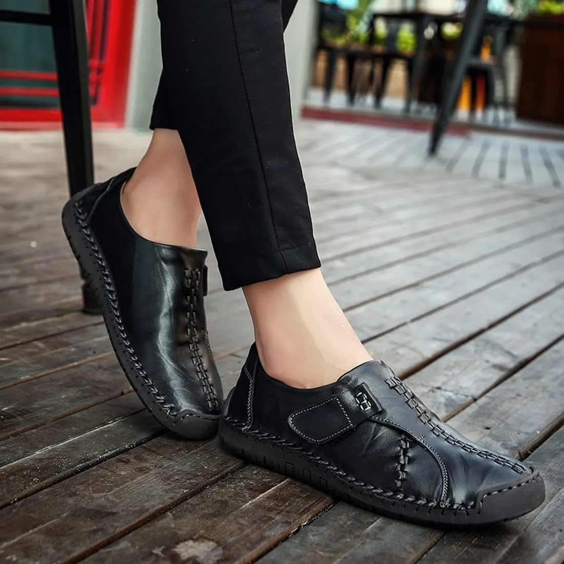 Men's Buckle Leather Casual Loafers Adjust Vintage Driving Business Brogue Men Comfort Sport Walking Moccasin
