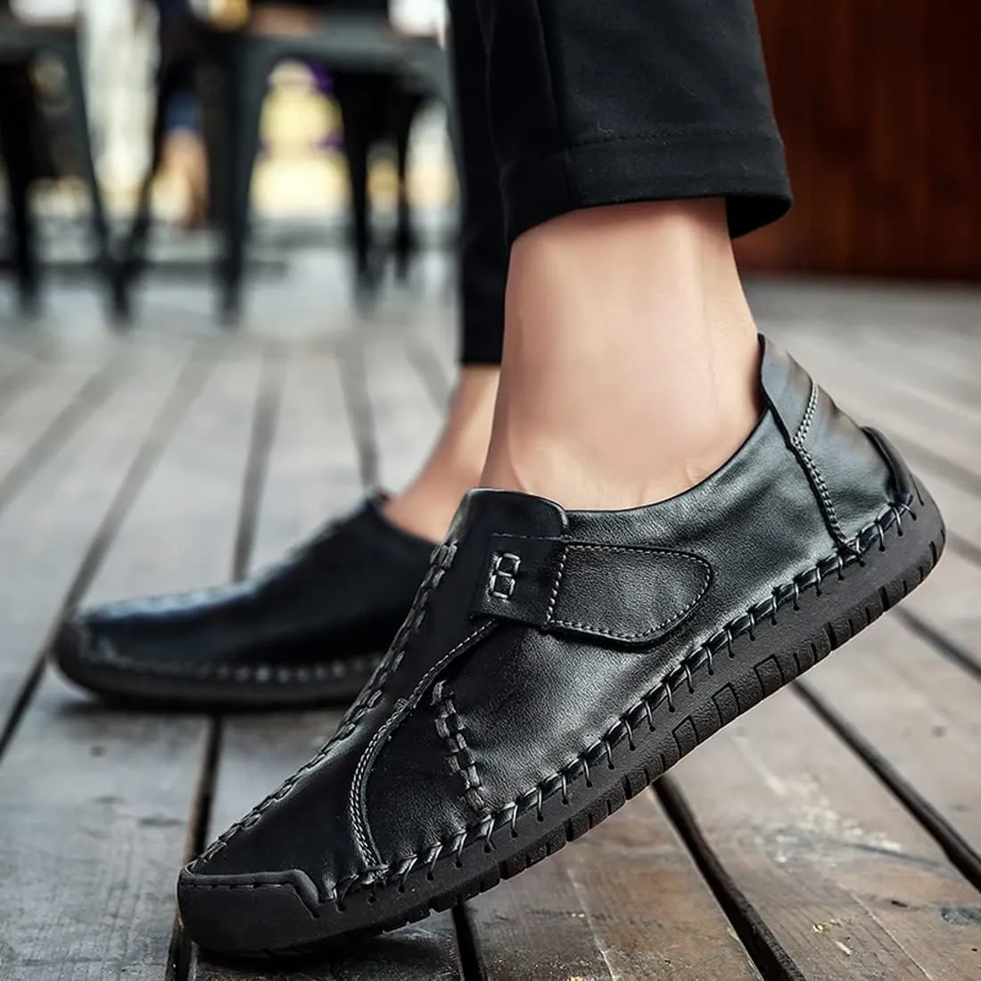Men's Buckle Leather Casual Loafers Adjust Vintage Driving Business Brogue Men Comfort Sport Walking Moccasin