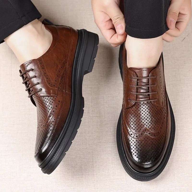 Men's Leather Formal Dress Shoes Mens Classic Lace Up Oxfords Shoes Business Casual Pointed Toe Breathable Derby Shoes for Men(Brown,7)
