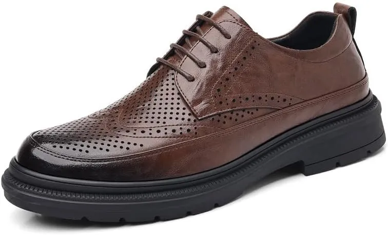 Men's Leather Formal Dress Shoes Mens Classic Lace Up Oxfords Shoes Business Casual Pointed Toe Breathable Derby Shoes for Men(Brown,7)