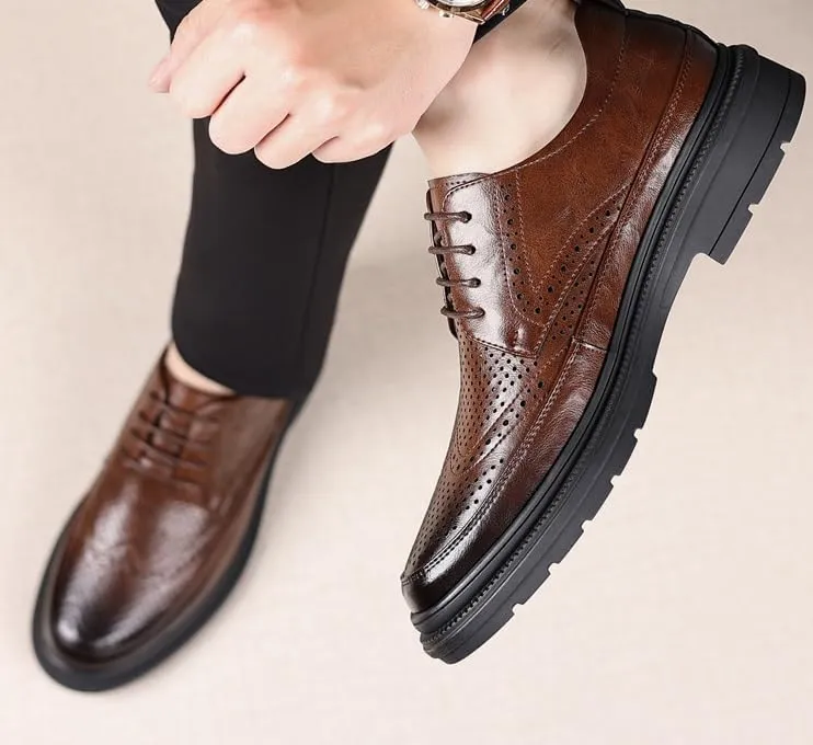Men's Leather Formal Dress Shoes Mens Classic Lace Up Oxfords Shoes Business Casual Pointed Toe Breathable Derby Shoes for Men(Brown,7)