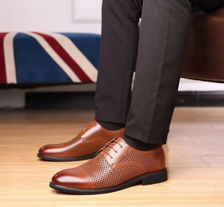 Oxford Shoes for Men Summer Genuine Leather Lace Up Tuxedo Dress Shoes Comfort Breathable Wedding Derby Shoes